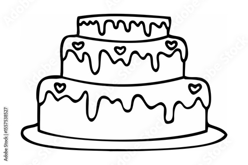Three tiered cake illustration decorated with hearts and dripping frosting design for celebration.