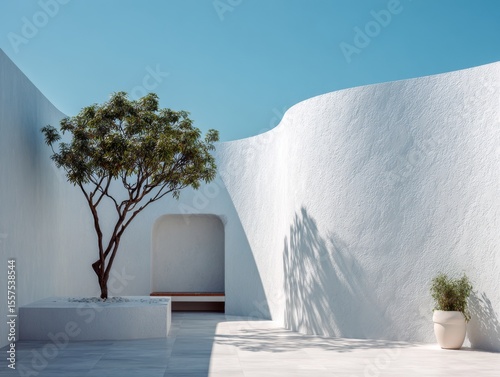 A white building with a tree in front of it. The tree is in a planter. There is a bench in front of the tree