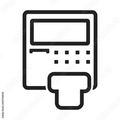 Illustration of a stylized atm with a screen keypad and receipt slot in a simple black outline