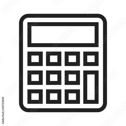 Illustration of a calculator with a display screen and multiple square buttons in black outline