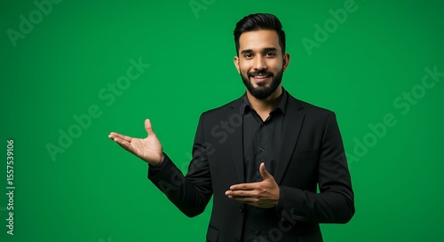 Smiling businessman presenting something on a green screen
