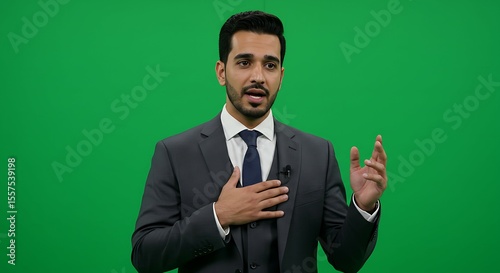 Confident businessman speaking in front of green screen