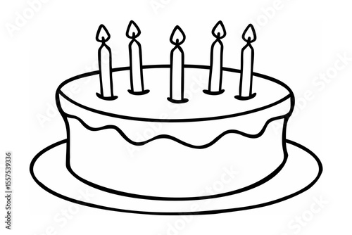 Simple black and white line art illustration of a birthday cake with five candles.