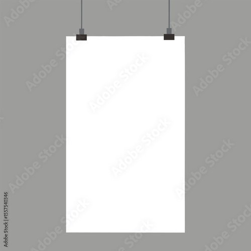 Blank white hanging paper poster hanging on wall vector mockup. Realistic banner on a rope Vector illustration for  Gallery exhibition, business presentation or shop showcase.