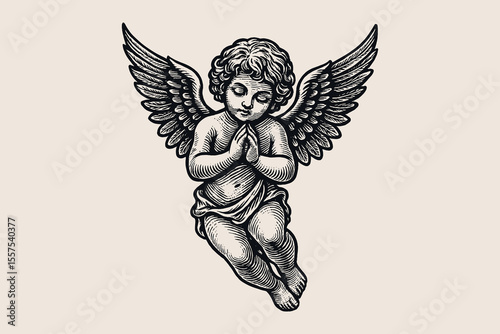 Praying angel engraving style vintage vector illustration

