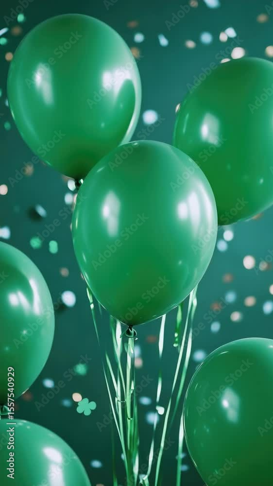 Collection of green balloons floating in the air, celebratory decoration for events like birthdays or parties.