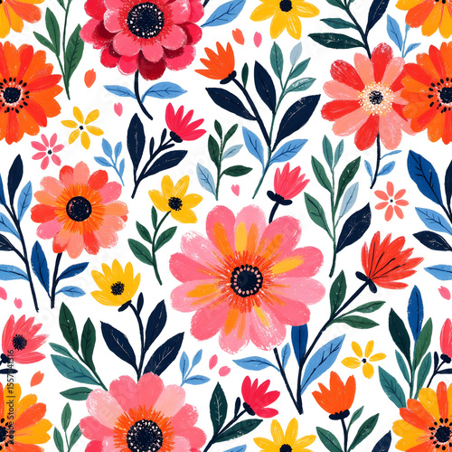Colorful floral pattern featuring beautiful flowers and green leaves, perfect for spring
