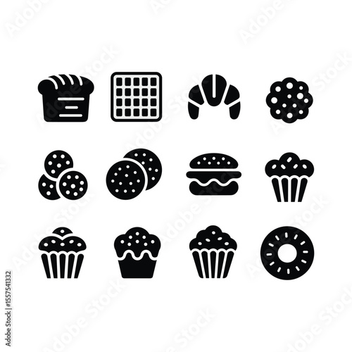 Set of Bakery and Pastry Icons – Bread, Muffins, Cookies, Donuts, Waffles, and Croissants in Black Silhouette Style