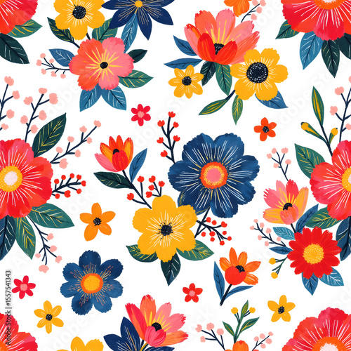 Colorful floral pattern with a beautiful arrangement of flowers and leaves on white