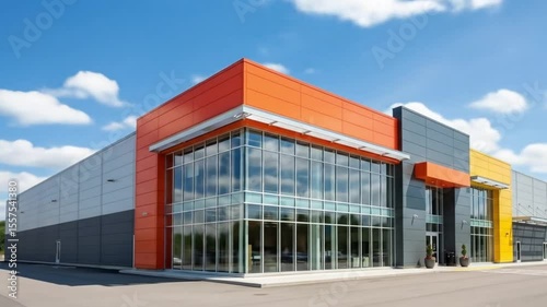 Wallpaper Mural A modern commercial building with orange and gray panels features large glass windows and a spacious parking lot Torontodigital.ca