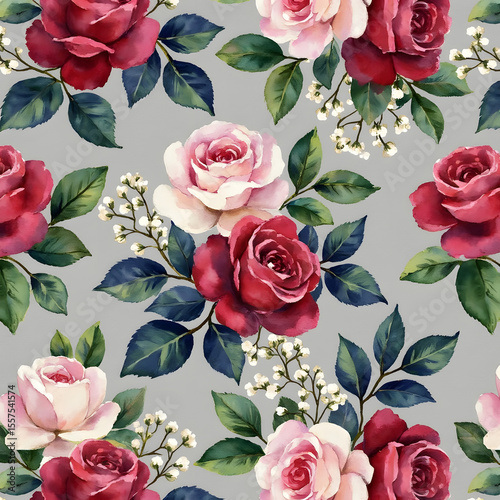 A charming seamless pattern of vibrant red and pink roses on a gray backdrop.