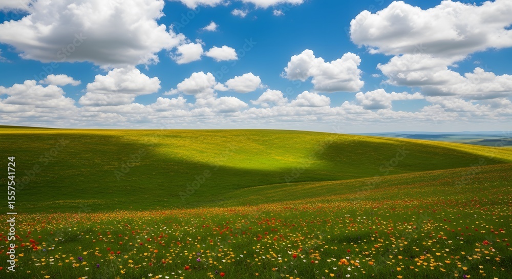 Fototapeta premium Serene Green Landscape Rolling Hills, Azure Skies, and Fluffy Clouds Under the Sun – A Natural Meadow Backdrop for Tranquil Moments