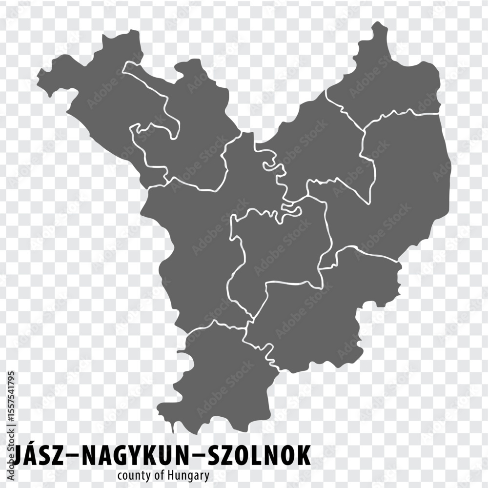 Obraz premium Blank map Jasz–Nagykun–Szolnok County County of Hungary. High quality map Jasz–Nagykun–Szolnok County with municipalities on transparent background for your web site design, logo, app, UI. Hungary. EP