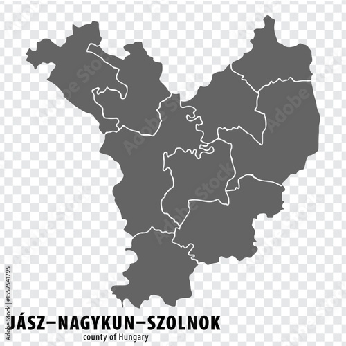 Blank map Jasz–Nagykun–Szolnok County County of Hungary. High quality map Jasz–Nagykun–Szolnok County with municipalities on transparent background for your web site design, logo, app, UI. Hungary. EP