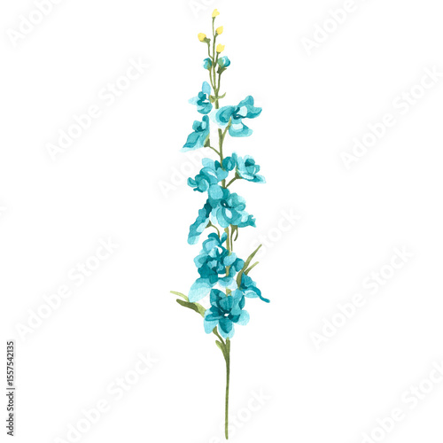 Fototapeta Naklejka Na Ścianę i Meble -  A vertical stem adorned with clusters of vivid blue blossoms and fresh green leaves this watercolor captures vibrant growth, natural rhythm, and serene botanical beauty