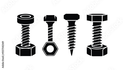 Set of Screws and Bolts Icon Silhouettes Industrial Fastener Vector Illustration.