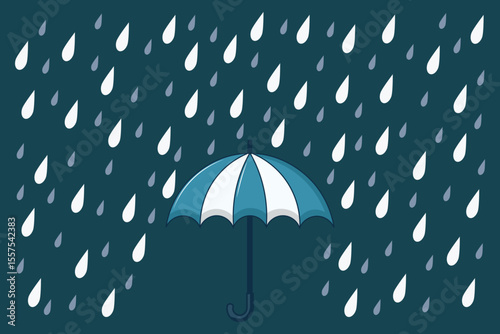 Vector cartoon umbrella with blue raindrops, flat pastel design perfect for weather-themed graphics, children’s stories, and nursery visuals
