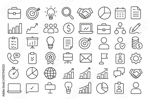 Business and Management Line Icon Set – Minimalist Outline Vector Collection Featuring Briefcase, Charts, Light Bulb, Pie Graph, Calendar, and Team Symbols