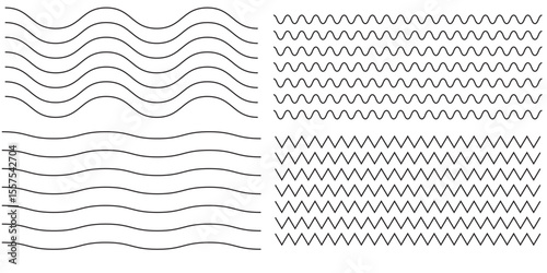 Waves line set. Wave ornament pattern. Set of wavy zigzag lines. Wave thin line background. Vector zigzag and wavy horizontal underline. Vector