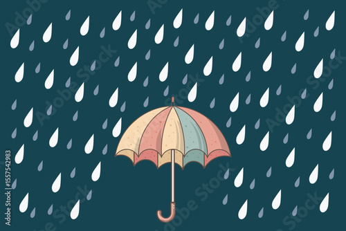 Cartoon-style umbrella in rain, pastel flat vector illustration for nursery wall designs, children’s weather themes, and seamless baby patterns
