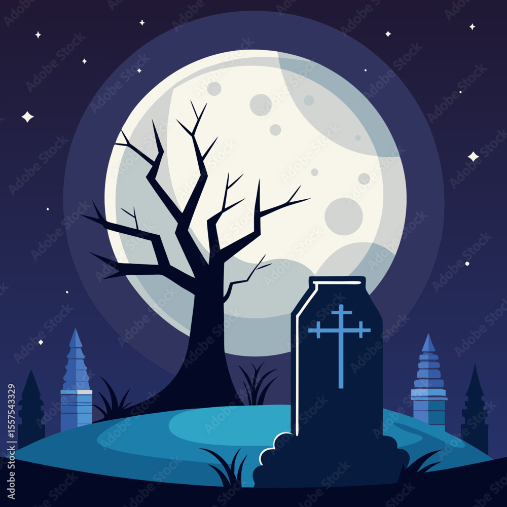 Naklejka premium Spooky Halloween Night Scene with Tombstone Tree and Full Moon