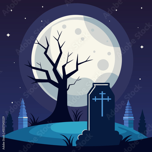 Spooky Halloween Night Scene with Tombstone Tree and Full Moon