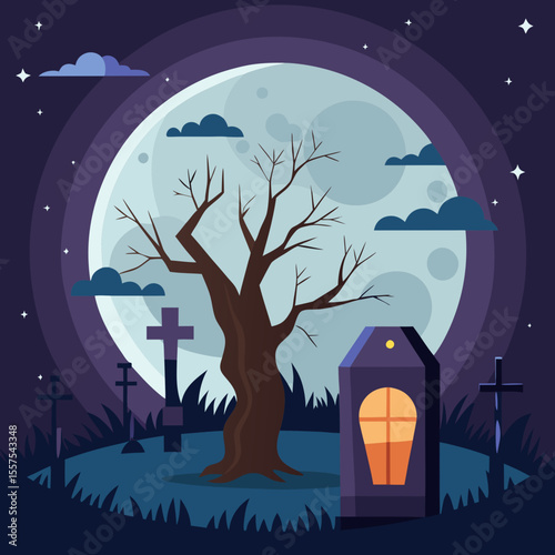 Spooky Halloween Night Graveyard Scene with Moon Tree and Tombstone
