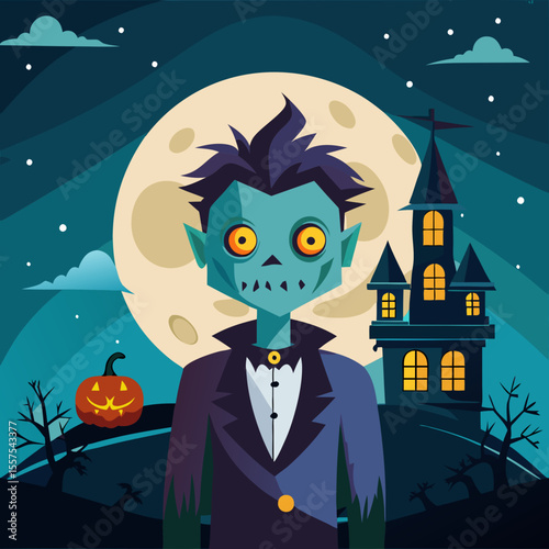 Cartoon Vampire with Haunted House and Pumpkin on Halloween Night