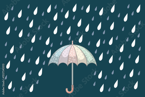 Flat cartoon umbrella with rain drops in the sky, vector pastel illustration for rainy day graphics, kids decor, and weather background visuals
