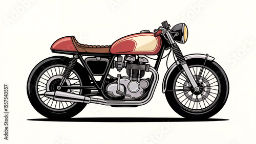 Classic red cafe racer motorcycle with spoked wheels and chrome exhaust