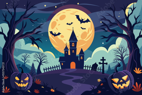 Spooky Halloween Night Scene with Haunted House and Pumpkins