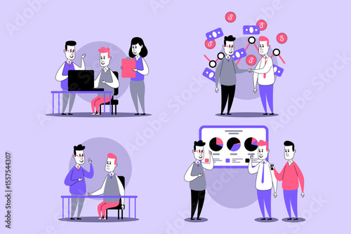 Vibrant illustration of diverse individuals collaborating in various scenarios. They engaged in discussions, examining data on screens, and sharing ideas. Effective teamwork concept