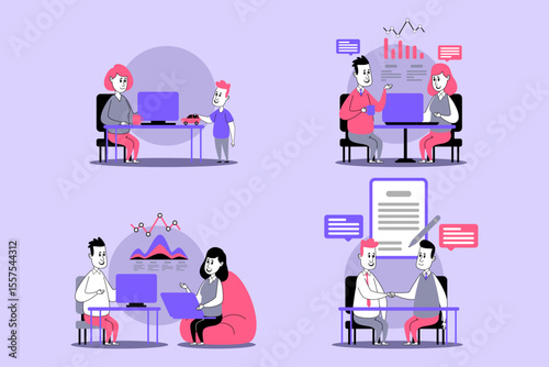 Illustrations of various collaborative activities in office environment, showcasing teamwork among individuals working together on projects and discussing ideas