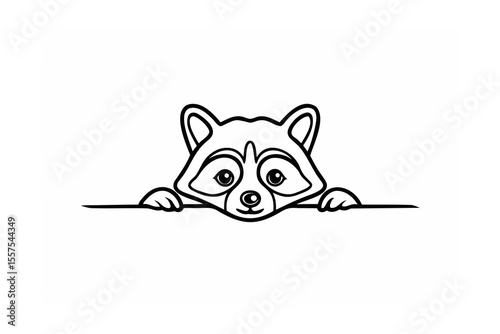 Cute cartoon raccoon peeking over a ledge with black outlined design for various applications