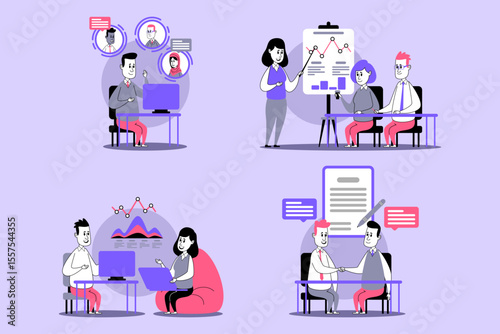 Group of professionals engaged in collaborative project, sharing ideas while working on computers, discussing data analysis, and presenting findings in modern workspace environment