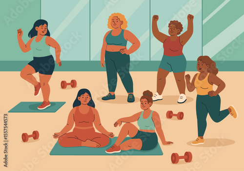 Flat illustration of six plus-size women exercising in gym interior