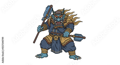 Cartoon depiction of a Oni, a Japanese demon, wielding traditional weapons