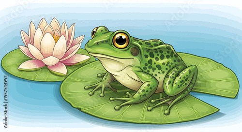 Charming cartoon illustration of a green frog sitting on a lily pad near a water lily