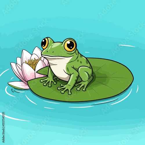 Cute cartoon frog sitting on a lily pad in a pond of blue water