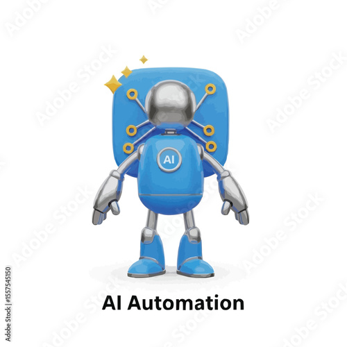 Blue 3D cartoon android character robot with a blank sign, isolated for futuristic technology illustration