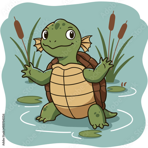 Cute cartoon turtle happily swimming in a pond with cattails and lily pads
