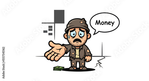 Desperate cartoon homeless man asking for money with a speech bubble and tears
