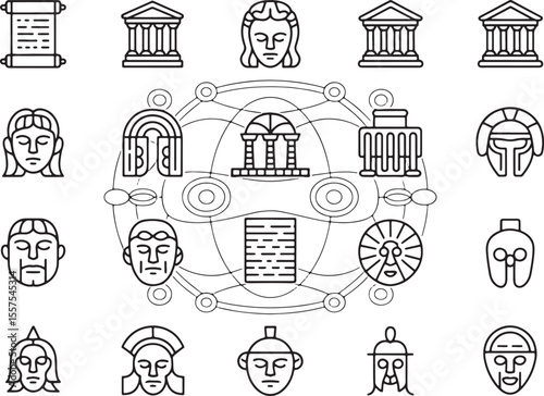 Ancient Greece Line Art Icons History, Mythology, Architecture
