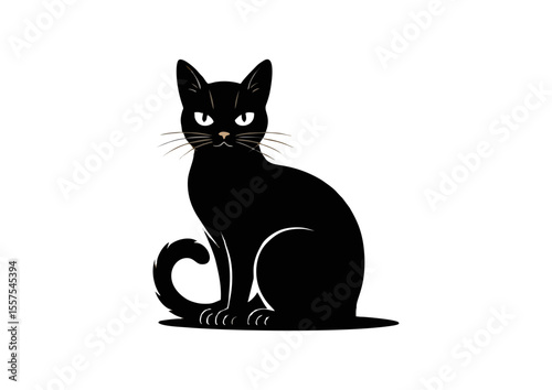 Black cat sitting with an alert expression, concept  