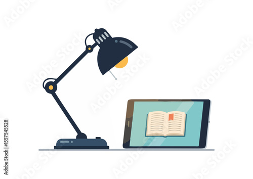 Desk lamp illuminating tablet displaying an open book, representing online evening school, concept  
