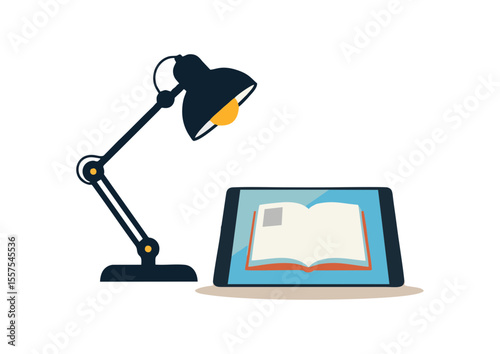 Desk lamp illuminating tablet with an open book, representing online evening school, concept  

