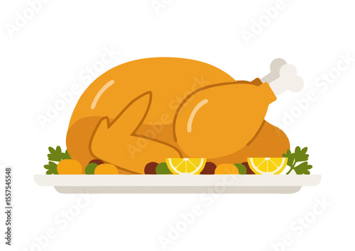 Roasted turkey on a serving platter garnished with lemon and herbs, concept  