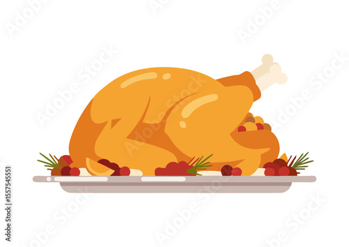Roasted turkey on a serving platter garnished with herbs and berries, concept  