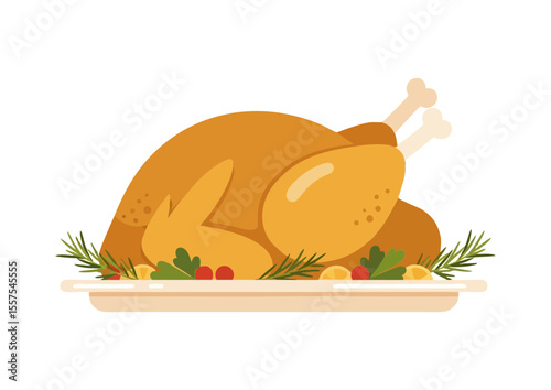 Hot roasted turkey on a serving platter garnished with herbs and cranberries, concept  