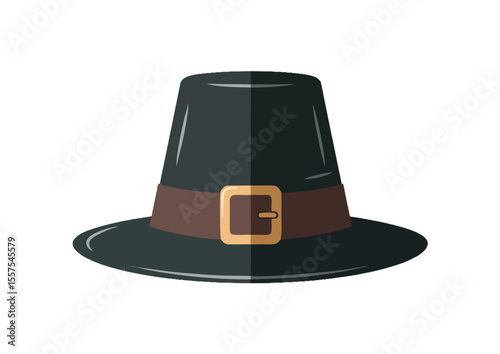 Classic black pilgrim hat with a brown belt, concept  
